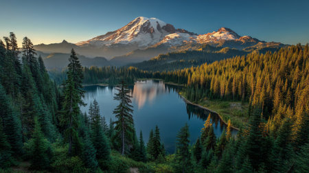 Breathtaking sunrise over mount rainier with snow capped peaks and serene lake reflectionの写真素材