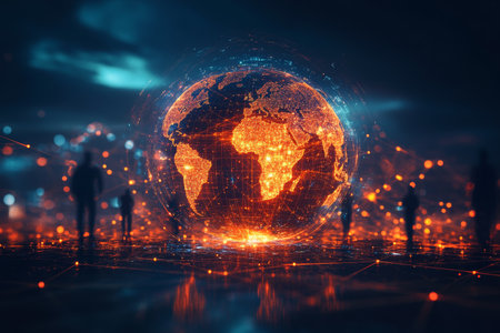 Digital global network concept showcasing people and a globe on a dark background in epic styleの写真素材