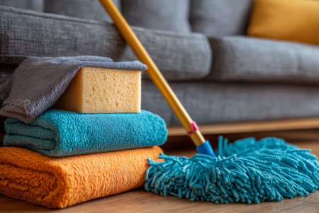 Essential home cleaning kit sponges, microfiber cloths, and mops ready for use in living roomの写真素材