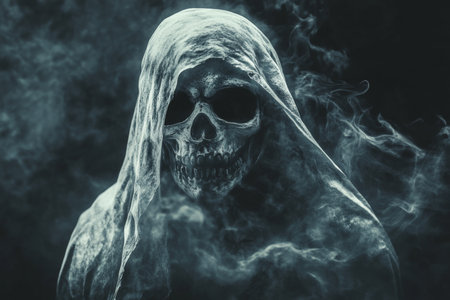 Eerie specter in a veil dark fantasy illustration of haunting artistry with skull mask and smokeの写真素材