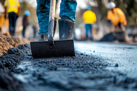 Cinematic image of a worker using an asphalt trowel to lay fresh concrete pavement on a road