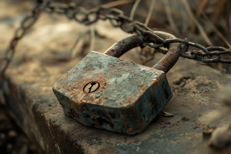 Close up of a rusted padlock on a chain fence symbolizing freedom with vintage filtered backgroundの写真素材