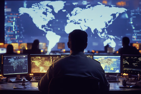 Military officer collaborating with team on data analysis in front of world map displaysの写真素材