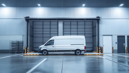 White van on loading dock of modern warehouse professional photography with excellent compositionの写真素材