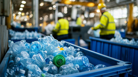 Workers in yellow jackets at a busy waste management facility promoting eco friendly recyclingの写真素材