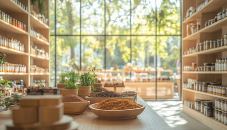 Modern store interior featuring colorful products, spices, and a fresh eco friendly atmosphereの写真素材