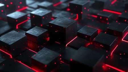 Illuminated black cubes with red lights in a cyberpunk scene symbolizing modern technologyの写真素材