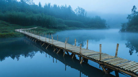 Serene long wooden bamboo bridge over misty lake with calming dark blue and gray tonesの写真素材