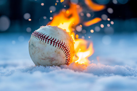 A fiery baseball in snowy landscape striking contrast captured with an 85mm lensの写真素材