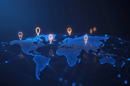 3d render of a global map route with connection pins for business travel and cargo transportの写真素材