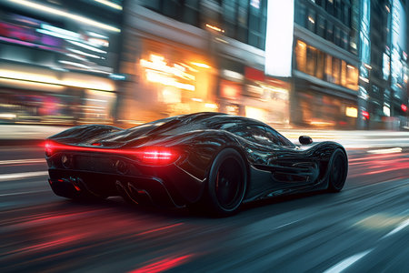 Dynamic black supercar racing through city streets with striking lighting and motion effects