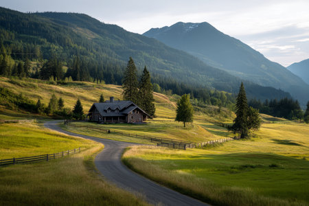 Scenic log house amidst lush pastures and forest with mountains at sunset in british columbiaの写真素材