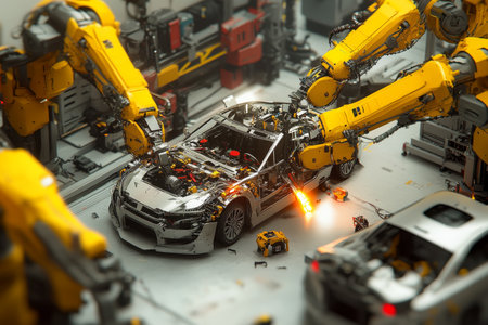 High angle view of robotic arms assembling car bodies with fire in a modern automotive factoryの写真素材