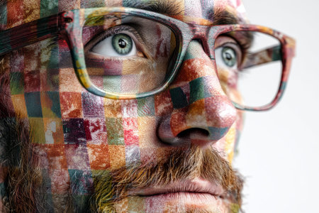 Man with glasses and pixelated textures representing technology in daily life on a white background
