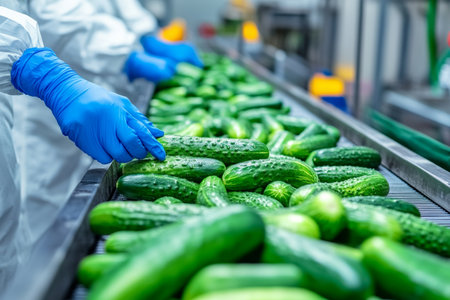 Workers in protective gear harvesting fresh cucumbers on a food factory production lineの写真素材