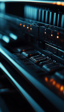 Close up of black server rack featuring solid state drive bay against a blurred dark backgroundの写真素材