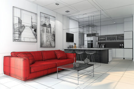 3d interior design render modern living dining room with red and white wireframe blueprintの写真素材