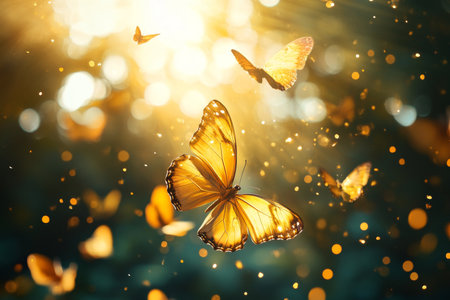Enchanting golden butterflies dance in a magical forest filled with sunlit sparkles and dreamsの写真素材
