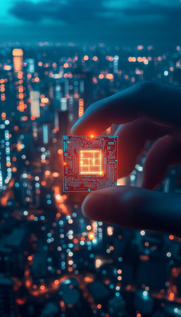 Hand holding a glowing microchip against city lights, symbolizing precision technologyの写真素材