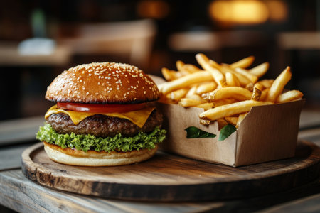Delicious juicy burgers with crispy fries served on a wooden plate in a restaurant settingの写真素材