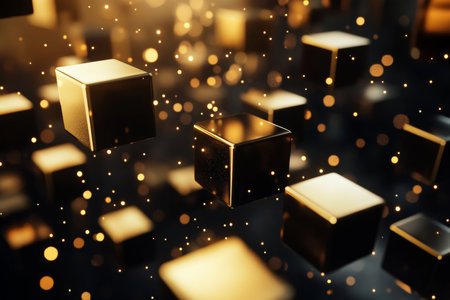 Dynamic 3d visualization of black and gold cubes in motion against an abstract light backgroundの写真素材