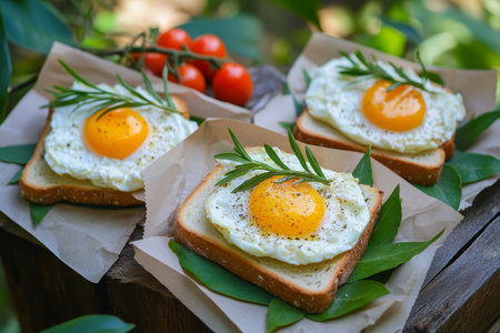 Beautifully arranged toasts with cottage cheese, eggs, and cherry tomatoes on fresh greens outdoorsの写真素材