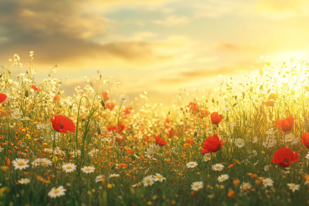 Enchanting sunset over a vibrant wildflower field of daisies and poppies in full bloomの写真素材