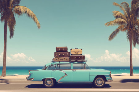Vintage car with luggage on roof driving towards beach surrounded by palm trees on a summer dayの写真素材