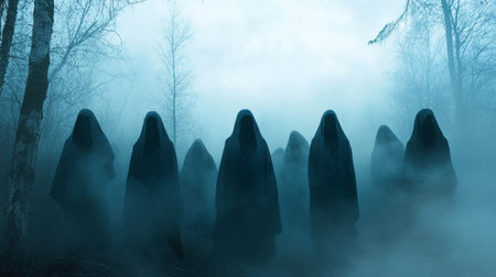 Hooded figures emerge from fog in a spooky forest a dark and atmospheric photography sceneの写真素材