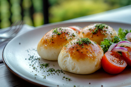 Delicious mini buns with tomato and onion salad in a naturally decorated villa setting