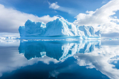 Stunning panoramic view of a majestic arctic iceberg with perfect reflection in tranquil watersの写真素材