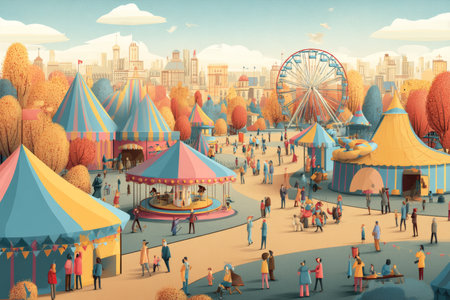 Vibrant amusement park scene with colorful tents, rides, and joyful visitors in cartoon styleの写真素材