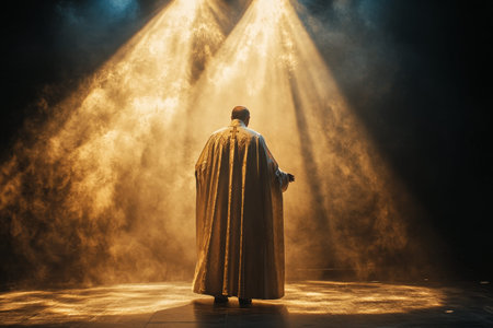 Dramatic low angle view of a Catholic priest on stage illuminated by golden rays in misty atmosphere