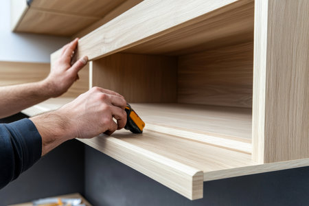 Close up of a worker installing wooden shelves in a modern kitchen with tools and cabinet doorsの写真素材