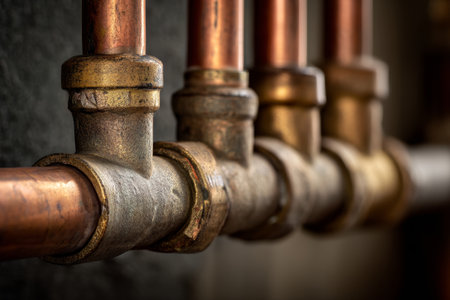 Intricate close up of copper pipes in home water system for advertising banner showcaseの写真素材