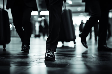 Business professionals in suit shoes navigating airport with luggage, capturing work travel essenceの写真素材