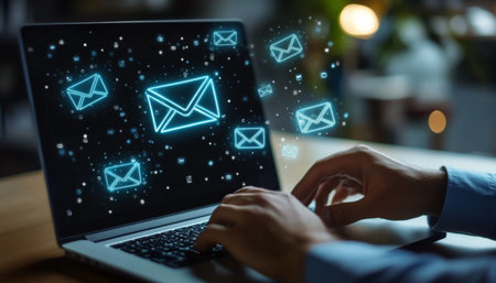 Businessman holding virtual mail icon with messages, representing digital communication in office