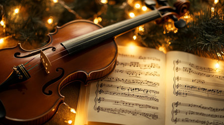 Vintage violin and sheet music surrounded by twinkling lights with ample copy space for creativityの写真素材