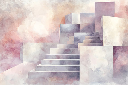 Vintage abstract watercolor art with architectural elements and geometric shapes in pastel colorsの写真素材