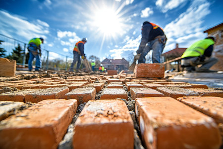 Construction workers building a red brick wall under a sunny sky with vibrant natural lightの写真素材