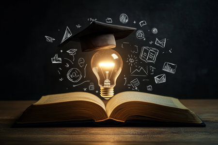 Light bulb with graduation hat on book surrounded by education icons symbolizing online learningの写真素材