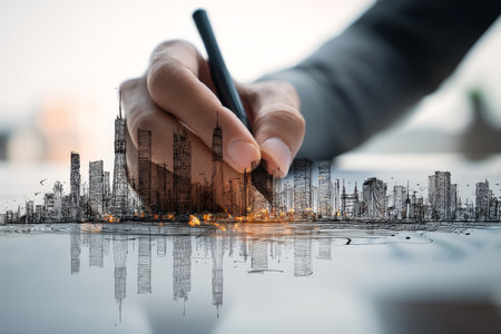Businessman illustrates city skyline on glass table, showcasing smart urban development technologyの写真素材