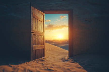 Open wooden door leading to desert dunes at sunrise, symbolizing hope, freedom, and new beginnings.の写真素材