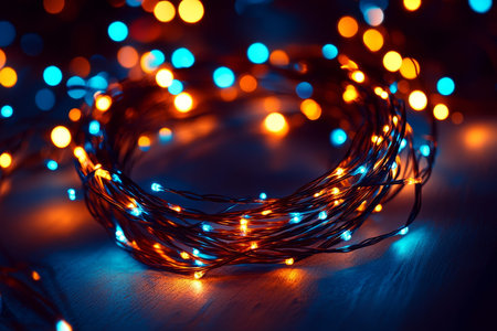 Abstract blurred bokeh lights in shiny orange and blue on dark background for festive decoration