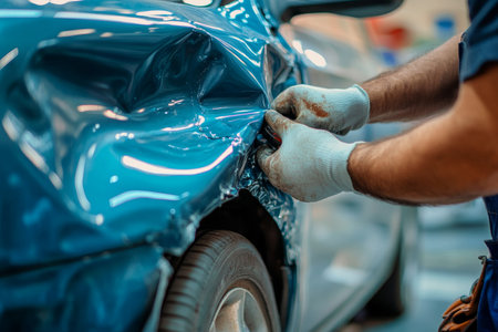 Expert car repair after an accident master technicians restore vehicle structure and safetyの写真素材