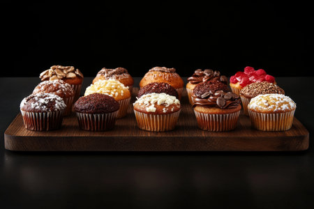 Indulge in the scrumptious variety of monkshill bakery muffins on a rustic wooden boardの写真素材