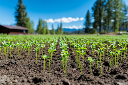 Innovative technology and vibrant rows of seedlings on fertile farmland landscapeの写真素材