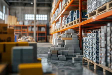 Warehouse or warehouse with rows of shelves and boxes. 3d renderingの写真素材