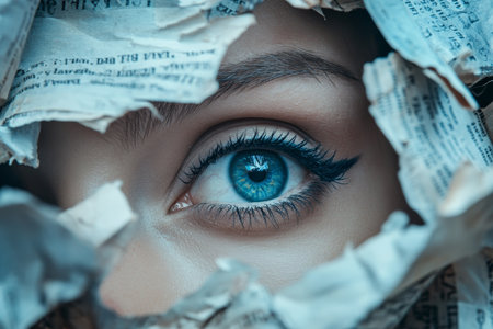 Captivating close up of mysterious eyes behind torn newspapers with striking blue makeup detail.の写真素材