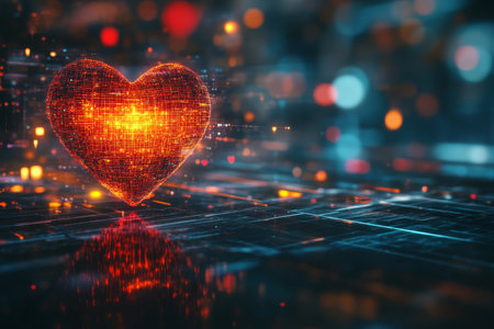 Futuristic heart shaped hologram on digital grid, illuminated with data visualization elementsの写真素材